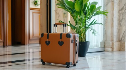 Poster - A well-traveled suitcase near a hotel reception desk, capturing the excitement of a trip.