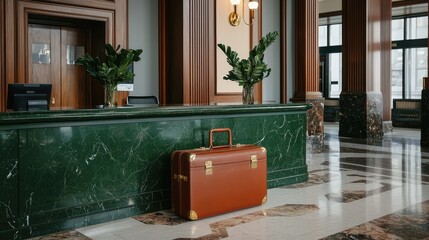 Poster - A well-traveled suitcase near a hotel reception desk, capturing the excitement of a trip.