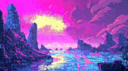 Poster - neon landscape with digital vibe: an abstract, pixelated landscape bursts with vibrant neon colors, 