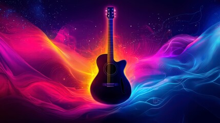 Poster - Musical Vibrance: A single, acoustic guitar stands illuminated against a swirling backdrop of vibrant, flowing colors, evoking a sense of sound and creativity.
