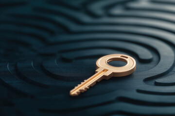 Poster - Unique golden key resting on a textured black surface with intricate patterns