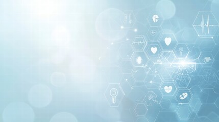Poster - Digital Healthcare Icons: Futuristic digital healthcare abstract design with interconnected icons representing health, wellness, and medical technology in a soothing, calming, light-blue aesthetic.