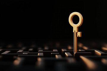 Poster - Golden key standing upright on a dark keyboard creating a mysterious atmosphere
