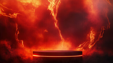 Poster - Dramatic abstract background with glowing podium and fiery effects