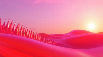 Poster - Surreal pink landscape with spiky formations at sunset for creative design