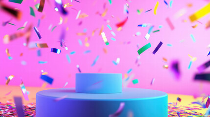 Poster - Vibrant celebration theme with confetti and colorful podium on pink backdrop