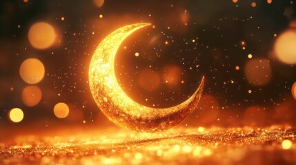 Wall Mural - a luminous golden crescent moon glows against a warm, bokeh-filled background. evokes the spirit of 