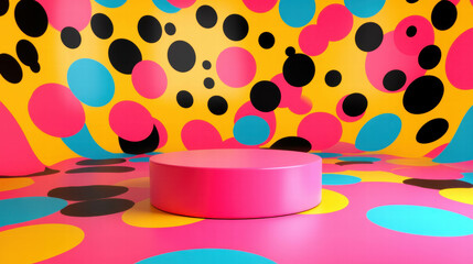 Poster - vibrant abstract background with colorful dots and pink podium for creative design