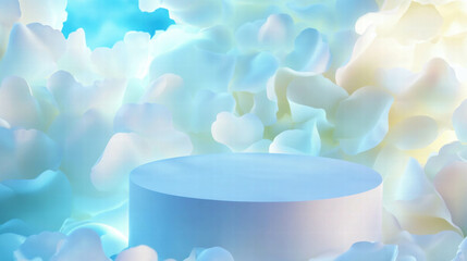 Poster - Serene abstract background with podium surrounded by soft cloud-like forms for design