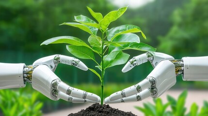 Poster - AI-powered robotic hands nurturing a young plant, symbolizing sustainability and innovation.