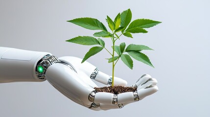 Poster - AI-powered robotic hands nurturing a young plant, symbolizing sustainability and innovation.