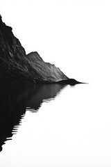 Wall Mural - Black and white minimalist landscape featuring rugged mountain silhouette reflecting in still water under a blank sky.
