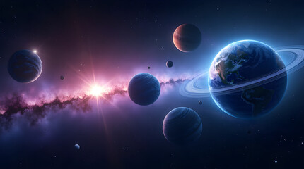 Wall Mural - Vibrant Cosmic Space Planets Rings Nebula Digital Art
