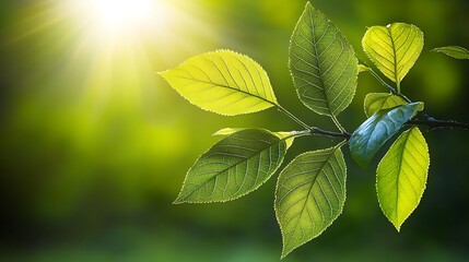 Poster - Sunlit Green Leaves Branch Nature Photography