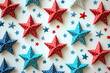 Festive red, blue, and white 3D stars arranged on a clean background, symbolizing American patriotism. Perfect for Fourth of July, Independence Day, and celebratory designs with a modern