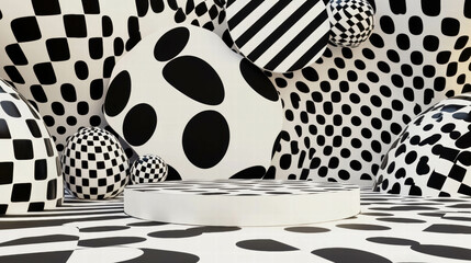 Poster - Abstract geometric background with checkered and polka dot patterns featuring central podium