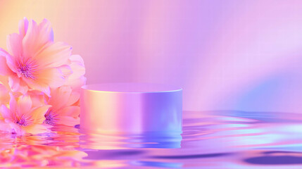 Poster - Elegant abstract background with floral elements and reflective podium for design and display