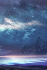 Wall Mural - fantasy landscape, round stone portal in the mountain, neon glow, sunset, fog, reflection in the wat