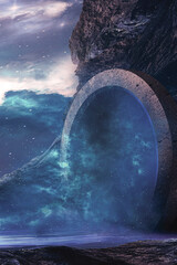 Wall Mural - fantasy landscape, round stone portal in the mountain, neon glow, sunset, fog, reflection in the wat