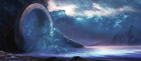 Wall Mural - fantasy landscape, round stone portal in the mountain, neon glow, sunset, fog, reflection in the wat