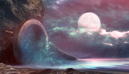 Wall Mural - fantasy landscape, round stone portal in the mountain, neon glow, sunset, fog, reflection in the wat