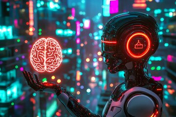 Poster - A futuristic humanoid robot with glowing cybernetic features holds a neon holographic brain in a high-tech cityscape, symbolizing AI and intelligence.
