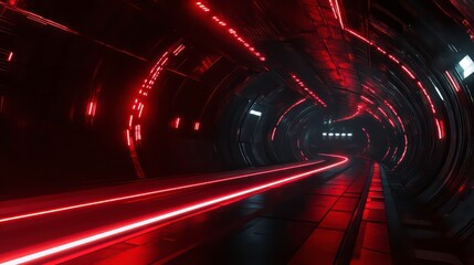 Canvas Print - a curved futuristic tunnel illuminated by vibrant red light streaks, representing speed, motion, and