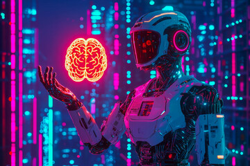 Poster - A futuristic humanoid robot with glowing cybernetic features holds a neon holographic brain in a high-tech cityscape, symbolizing AI and intelligence.