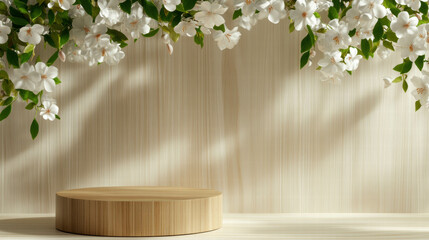 Poster - Minimalist wooden podium with overhead blossoms for elegant design backdrop