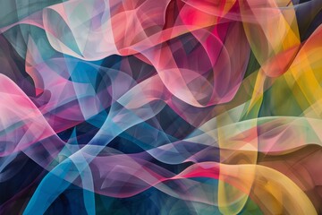 Poster - abstract art featuring overlapping layers of translucent colors in shades of pink, blue, yellow, and