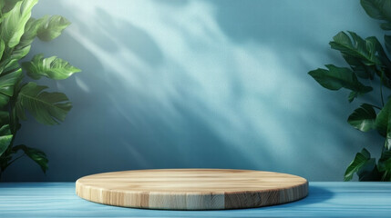 Poster - Abstract background featuring wooden podium with leaf shadows for product display and design