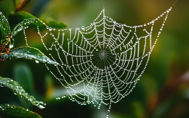 Of a macro nature close-up of a dew-covered spiderweb with glistening droplets