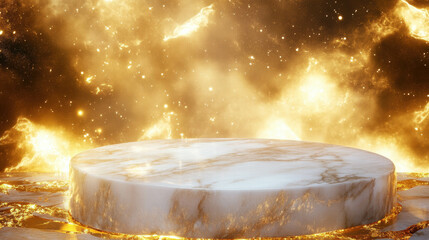 Poster - Luxurious marble podium amidst cosmic gold swirl for elegant display design