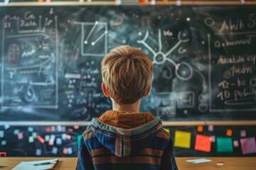 Poster - a boy studies handwritten diagrams on a chalkboard, preparing a digital presentation, creating digit