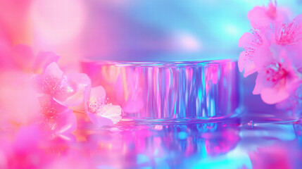 Poster - Vibrant abstract background with reflective podium and colorful floral accents