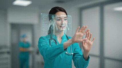 Poster - Asian female doctor analyzing digital human anatomy model on transparent screen. Future healthcare technology in hospital. Medical professional using holographic interface for patient diagnosis.