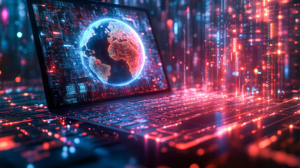 Poster - A futuristic laptop displays a glowing holographic world map with digital connections. The cyber-themed image represents global networking, artificial intelligence, cybersecurity, and the future
