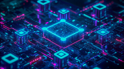 Poster - A futuristic blockchain network visualized as a neon-blue circuit city, symbolizing decentralization, data security, and digital finance. Glowing cyberpunk microchips form a high-tech digital
