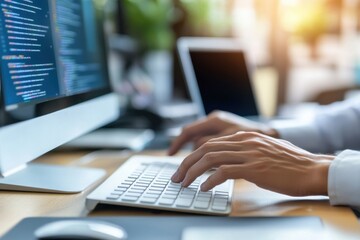 Poster - A person typing on a keyboard in front of a computer screen with an office desk and laptop in the background, with a close-up focus on the hand and a blurred business person working Generative AI