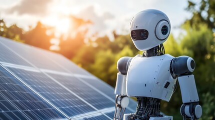 Poster - A robot stands beside a solar panel, symbolizing the integration of technology and renewable energy for a sustainable future.