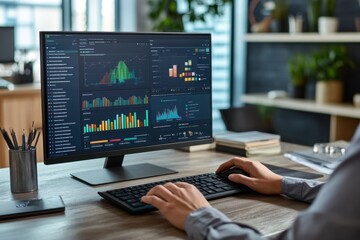 Poster - Close-up of hands working on a computer in an office, with a desktop monitor and keyboard, documents, and a digital marketing concept Generative AI