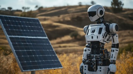 Poster - A robot stands beside a solar panel, symbolizing the integration of technology and renewable energy for a sustainable future.