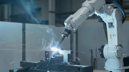 Poster - Industrial robotic arm performing precision welding with flying sparks in manufacturing facility. Automated metalworking technology for modern production. Factory equipment in operation.