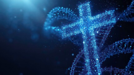 Poster - a digital cross intertwined with dna strands, representing the intersection of faith and science in 