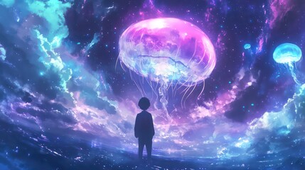 Wall Mural - a vibrant jellyfish glows in a cosmic background, showcasing a blend of purple and blue colors, crea