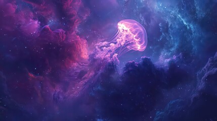 Wall Mural - a vibrant jellyfish glows in a cosmic background, showcasing a blend of purple and blue colors, crea
