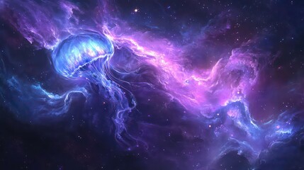 Wall Mural - a vibrant jellyfish glows in a cosmic background, showcasing a blend of purple and blue colors, crea