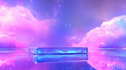 Poster - Dreamy cosmic background with podium for futuristic display and design