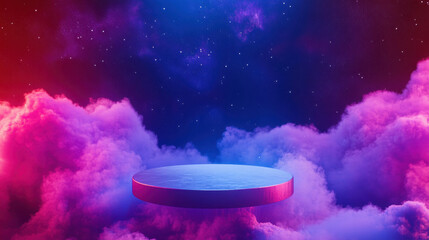 Poster - Futuristic podium design with neon clouds and starry sky for presentations