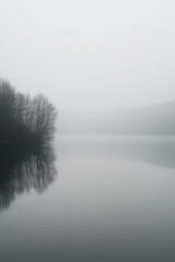 Wall Mural - A serene, foggy landscape with bare trees reflected on a still lake, evoking a peaceful and mysterious ambiance.